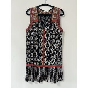 THML Tribal Aztec Print V Neck Mini Dress Sz M Cotton Ruffle Embroidered Pockets
